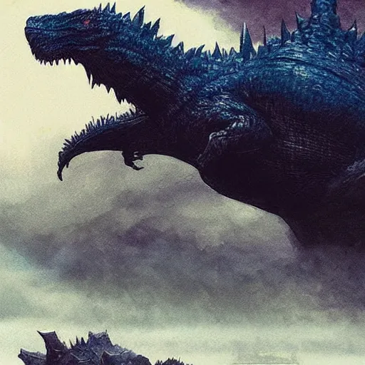 Prompt: godzilla, fantasy, greg rutkowski