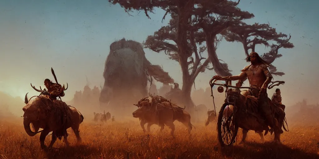 Prompt: an ancient tribesman on ancient motorcycles with perfect wheels, hunting buffalo ,chase, action scene, an epic fantasy, dramatic lighting, cinematic, establishing shot, extremely high detail, photorealistic, cinematic lighting, artstation, octane render, by simon stalenhag, horizon forbidden west,old photo, vintage