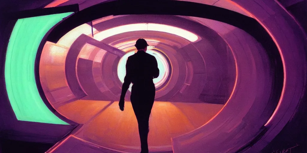 Image similar to a beautiful painting of a person walking out of a stargate by syd mead 8 k particulate neon light film grain