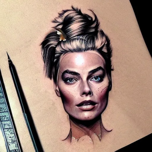 Image similar to face morph tattoo design sketch of margot robbie blended with beautiful mountain scenery, in the style of matteo pasqualin, amazing detail