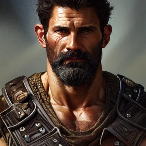 Image similar to portrait of a rugged ranger, handsome, muscular thighs, 40 years old, D&D, fantasy, intricate, elegant, highly detailed, digital painting, artstation, concept art, matte, sharp focus, illustration, art by Artgerm and Greg Rutkowski and Alphonse Mucha