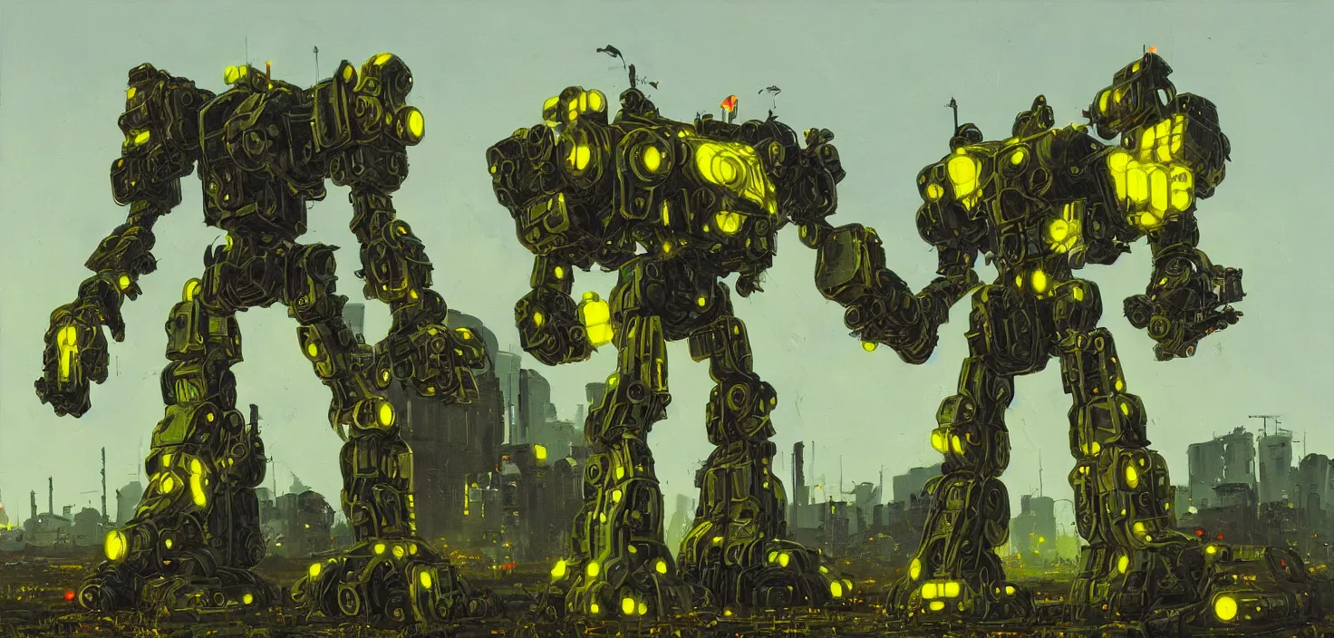 Image similar to an intricate oil painting of a giant armored metal mecha by simon stalenhag, green, yellow and black trim
