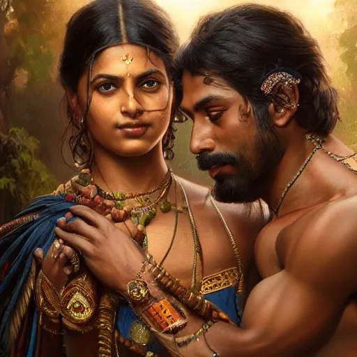 Image similar to portrait painting of dark muscular indian couple kissing, sari, ultra realistic, concept art, intricate details, eerie, highly detailed, photorealistic, octane render, 8 k, unreal engine. art by artgerm and greg rutkowski and alphonse mucha