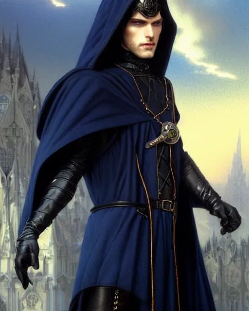 Prompt: handsome male 3 / 4 view, long black hair blue eyes wearing leather mantle gothic navy cloak with leather details, cliffside town, fantasy character portrait, ultrarealistic, intricate details, elegant, cinematic lighting, highly detailed, artstation, d & d art, cgsociety, sharp focus, beautiful digital painting by artgerm, gerald brom, wlop, alphonse mucha