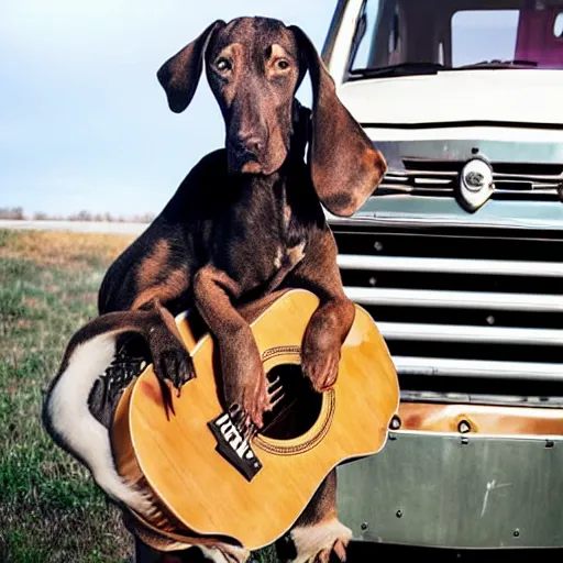 Image similar to A folkpunk brown floppy-eared hound dog playing the guitar in front of a pickup truck