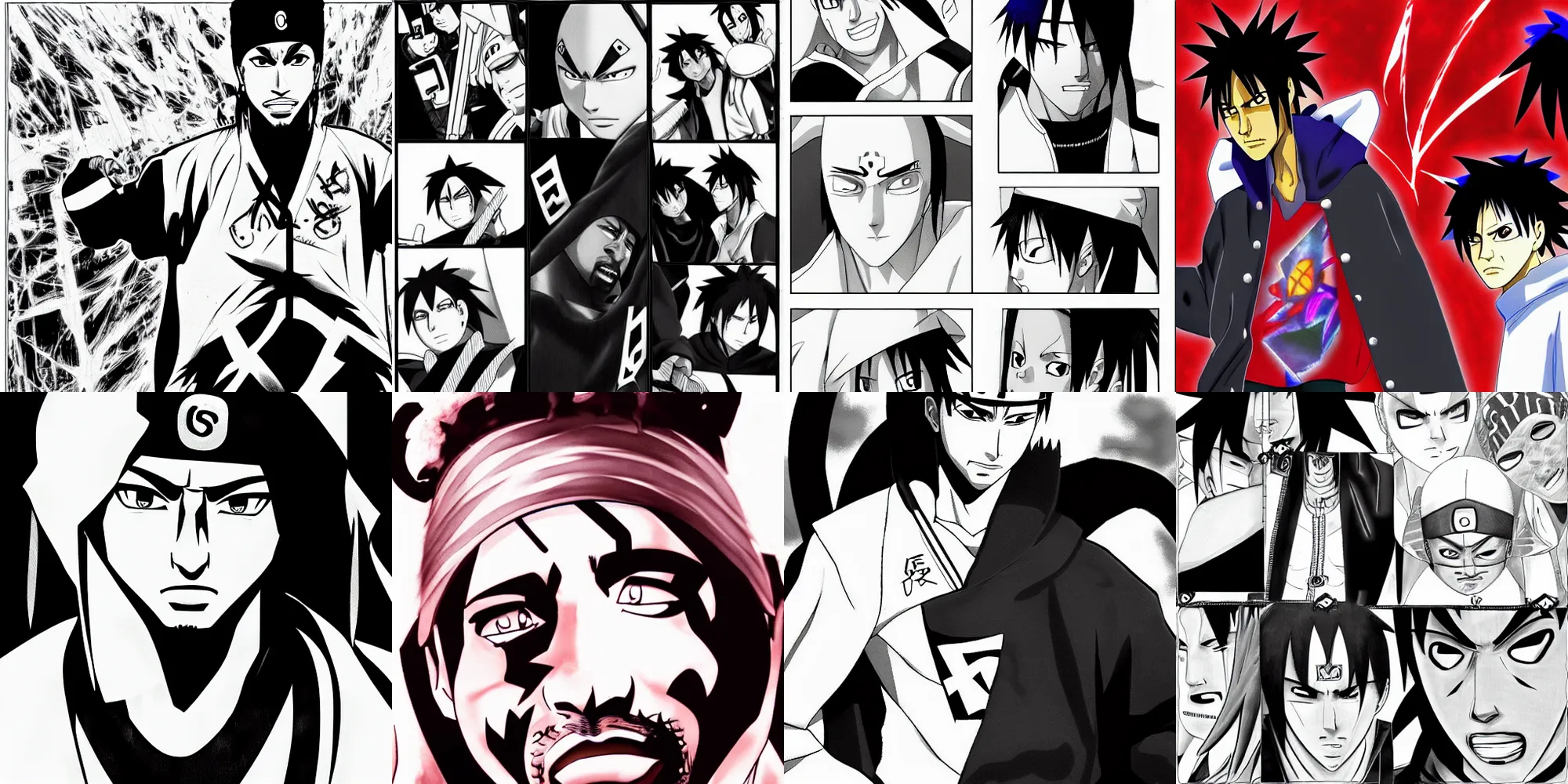 Prompt: Tupac joins the Akatsuki with Sasuke 4 manga panels on page 8k black and white Kishimoto art style ArtStation