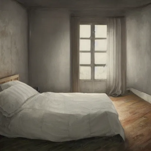 Prompt: this is the room, the start of it all, no portrait so fine, only sheets on the wall, i've seen the nights, filled with bloodsport and pain, and the bodies obtained, the bodies obtained hyperdetailed 4 k photorealism