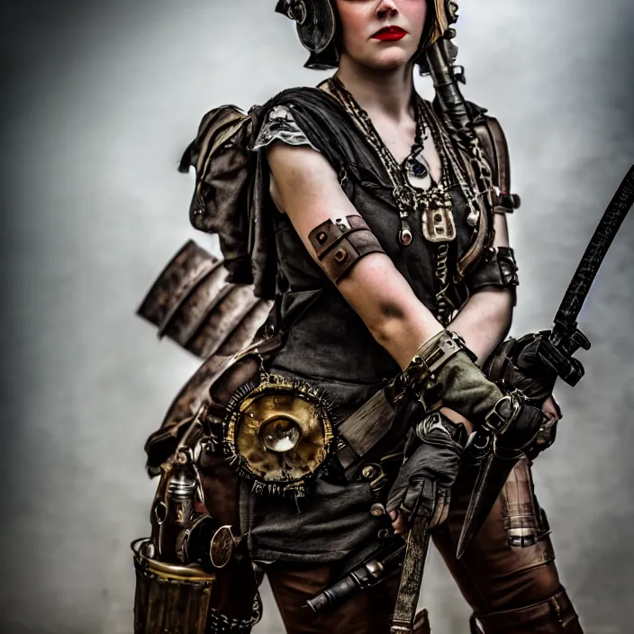 Image similar to full length photo of a real - life beautiful dieselpunk warrior with weapons, 8 k, hdr, smooth, sharp focus, high resolution, award - winning photo