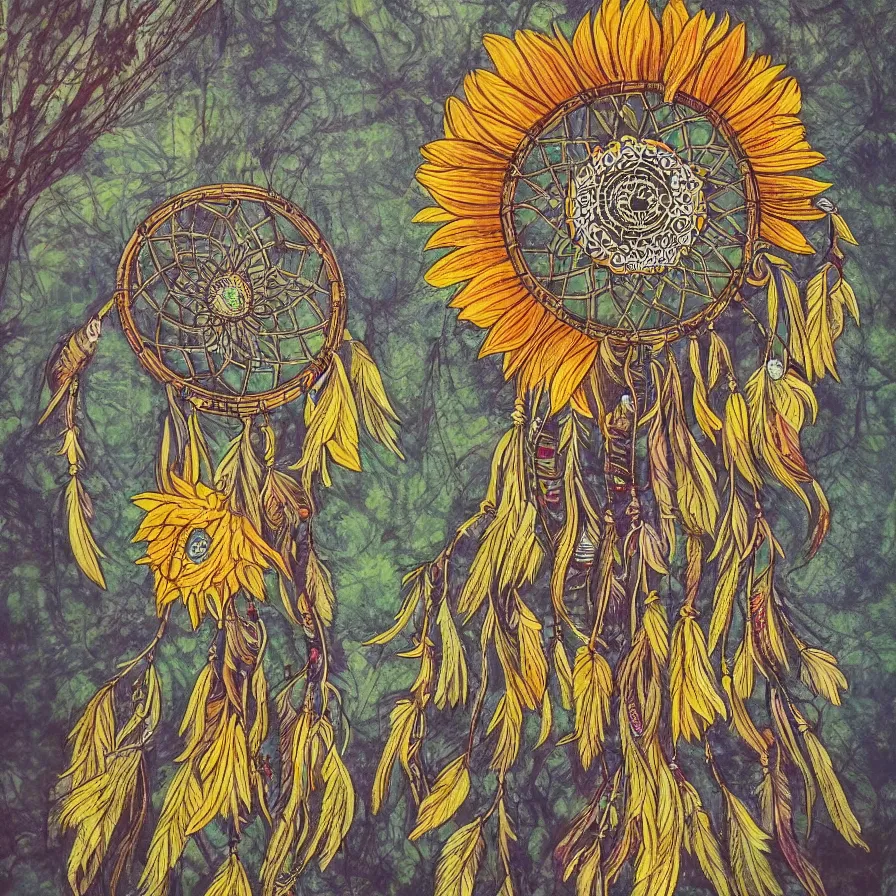 Prompt: Artwork about a magnificent sunflower within a tribal dreamcatcher that contains a huge treehouse
