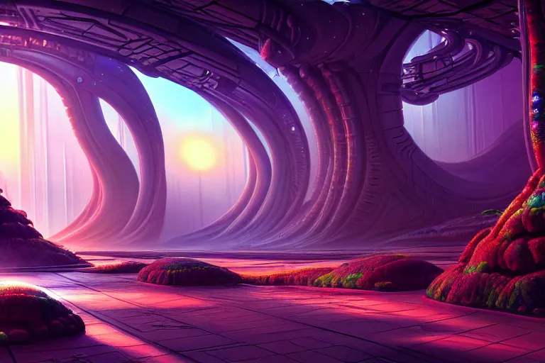 Image similar to a beautiful painting of an elaborate utopian sci - fi scene painted by hr giger and lisa frank, detailed, unreal engine, 4 k octane render, raytracing, volumetric lighting, epic, shadows,