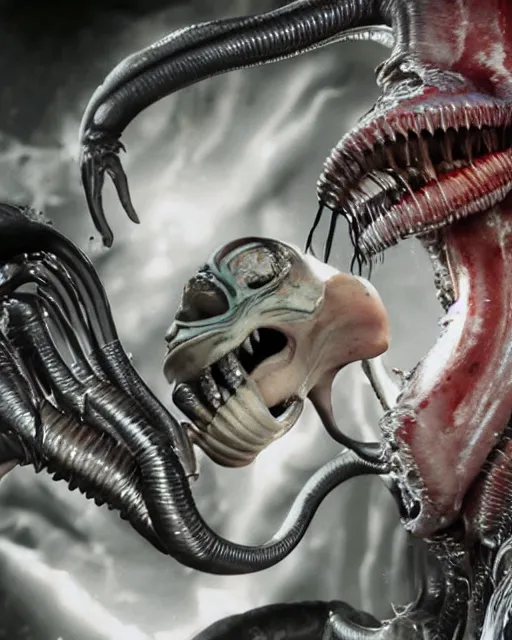 Image similar to film still of kim kardashian being mouth fed by an xenomorph slathered in a transparent alien liquid, wet flowing hair, gooey skin, illustration, unreal engine 5, 8 k, directed by h. r. giger.