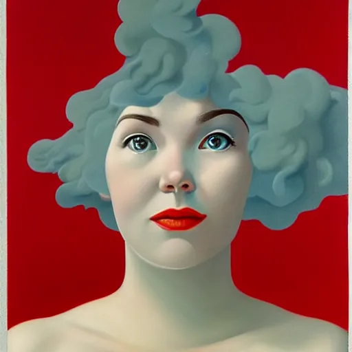 Image similar to very detailed portrait of photorealistic bjork floating above the ocean into a gray skay. painted by rene magritte, 1 9 2 7. oil on canvas.