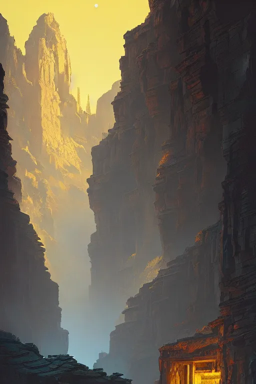 Image similar to ancient temple glowing yellow in a canyon, light streaks in the sky, dramatic lighting, artstation, matte painting, ralph mcquarrie, simon stalenhag