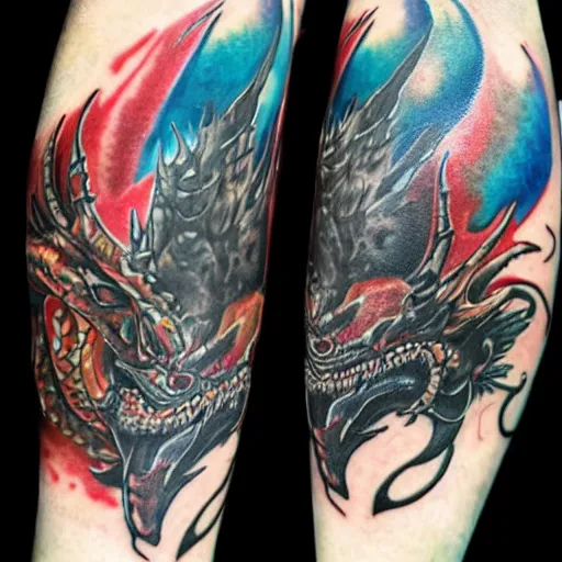 Prompt: dark and vibrant spiraling fantasy dragon drake wyvern, forearm tattoo