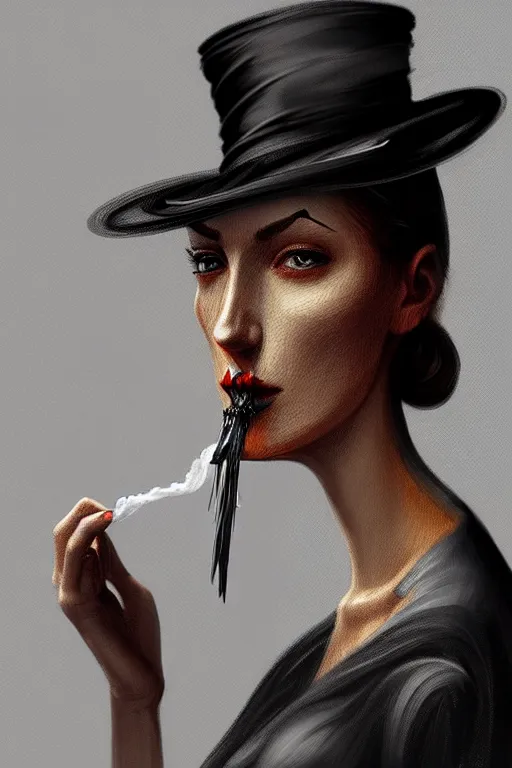 Prompt: Sad woman smoking a gigarette, wearing hat made of smoke and ashes, fantasy, intricate, elegant, highly detailed, digital painting, artstation, concept art, smooth, sharp focus, illustration, art by Ilja Repin