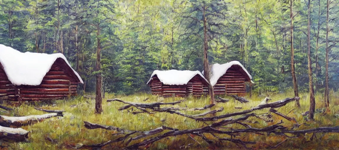 Image similar to realist painting of a log cabin in the forest, beautiful painting, oil on canvas, by Ewa Czarniecka, award winning masterpiece,