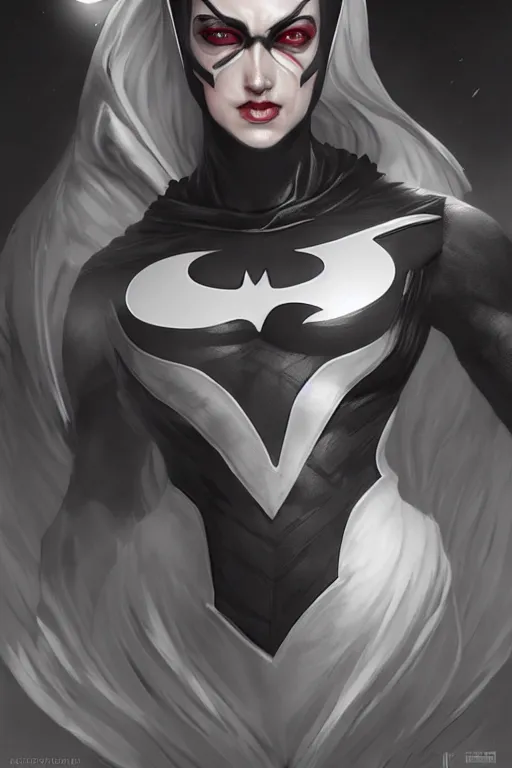 Image similar to characters portrait of MoonKnight mixed with Batman by ArtGerm and Tom Bagshaw, merged character, full-shot, 4k, highly detailed, cinematic lighting