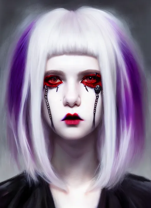 Image similar to portrait of white teenage girl, normal face, white bangs, mall goth, cyberlox, black and white hair, bangs, fluffy bangs, red contact lenses, purple lipstick, intricate, elegant, highly detailed, digital painting, artstation, concept art, sharp focus, smooth, illustration, art by wlop, mars ravelo and greg rutkowski