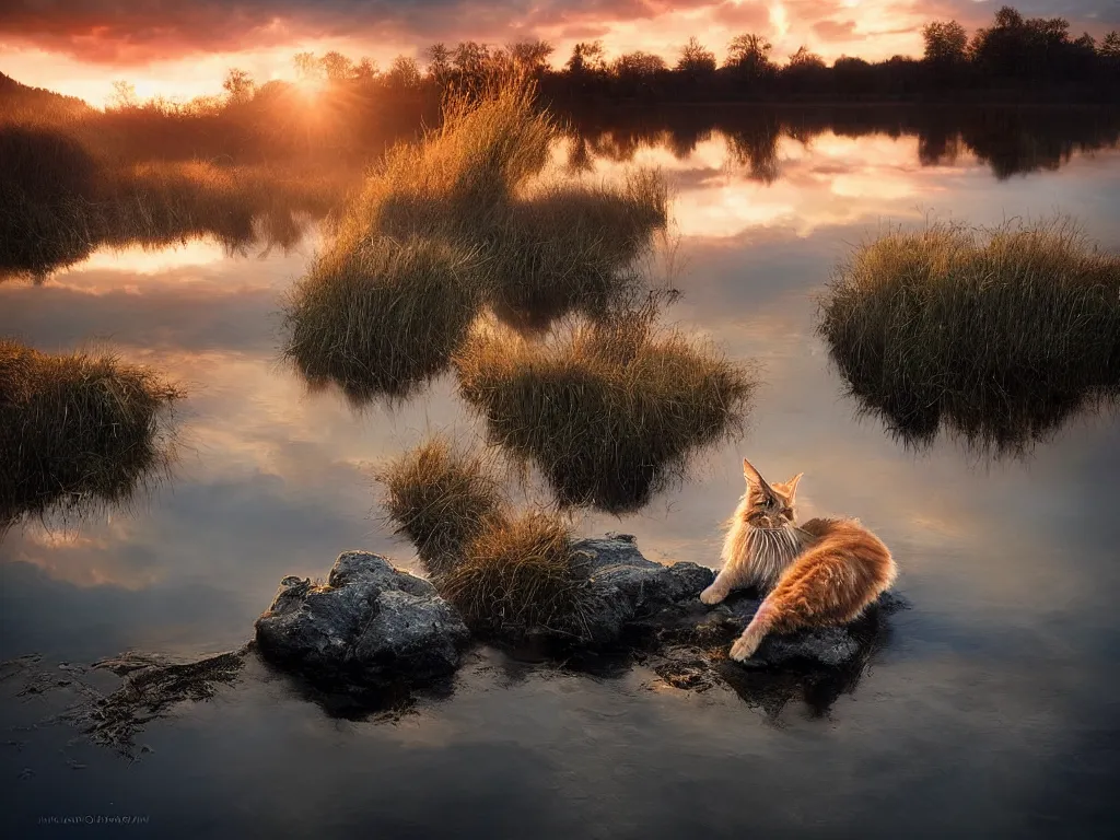 Image similar to amazing landscape photo of a maine coon bathing in a lake in sunset by marc adamus, beautiful dramatic lighting