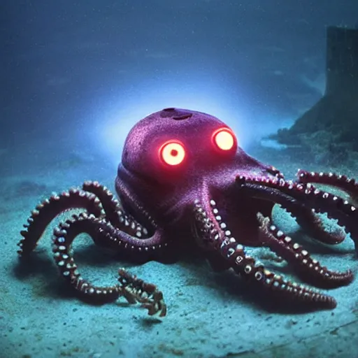 Prompt: a robot cyborg octopus, half octopus half machine, glowing eyes, underwater, murky, dark, ominous, film still, arriflex 3 5