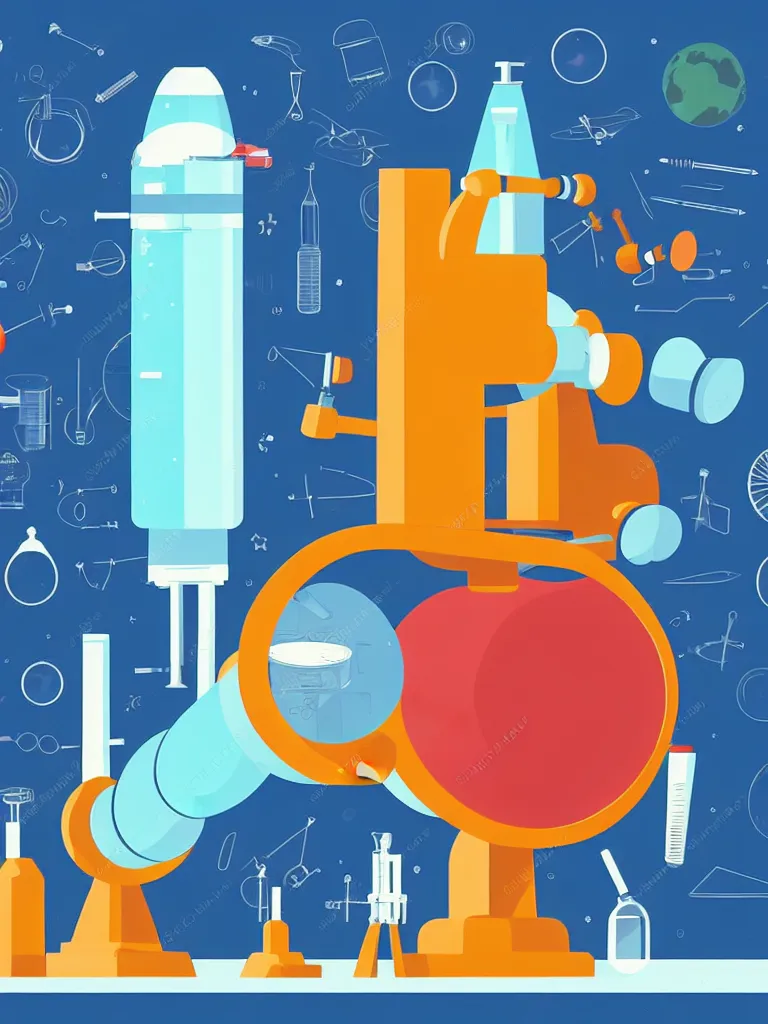 Image similar to editorial illustration scientific lab test tube telescope microscope spaceship, colorful modern, mads berg