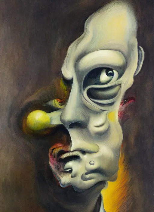 Prompt: a strange surrealist, biomorphic, portrait, side view, hauntingly surreal, highly detailed painting by francis bacon, edward hopper, adrian ghenie, gerhard richter, and james jean, soft light 4 k