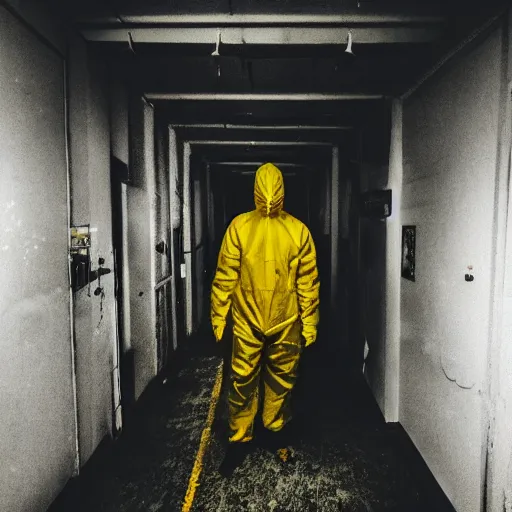 Image similar to a man wearing a yellow hazmat suit inside the very dark lighting empty unsettling creepy backrooms, liminal space, eerie mood, horror movie scene