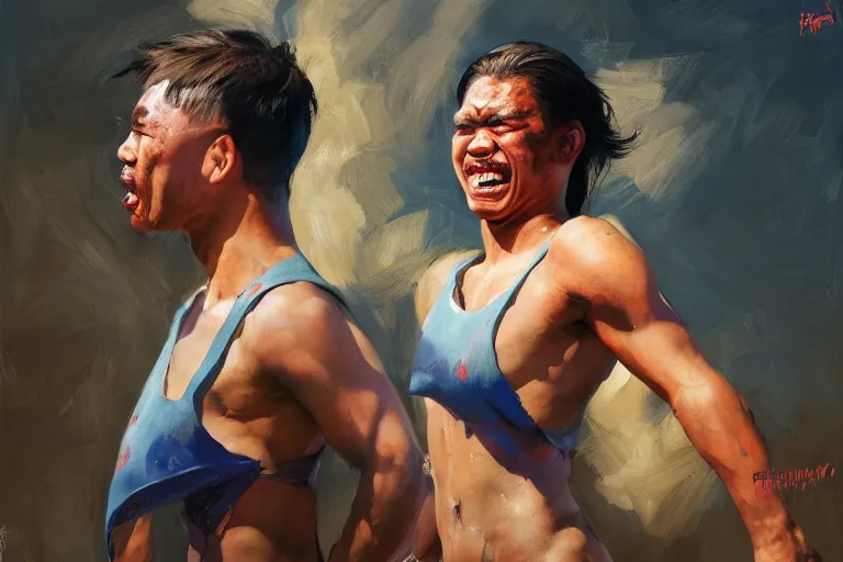 Prompt: greg manchess portrait of a filipino mma fighter uncontrolable laughter, profile picture, organic painting, sunny day, matte painting, bold shapes, hard edges, street art, trending on artstation, by huang guangjian, gil elvgren, ruan jia, randy vargas, greg rutkowski