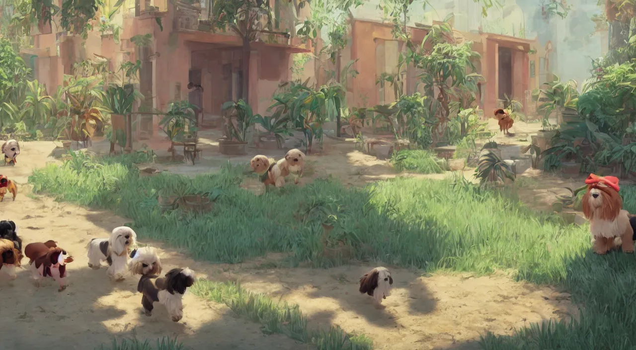 Image similar to havanese dogs playing in a cuba hacienda, 1 9 0 0, genndy tartakovsky, atey ghailan, goro fujita, studio ghibli, rim light, morning lighting, clear focus, very coherent