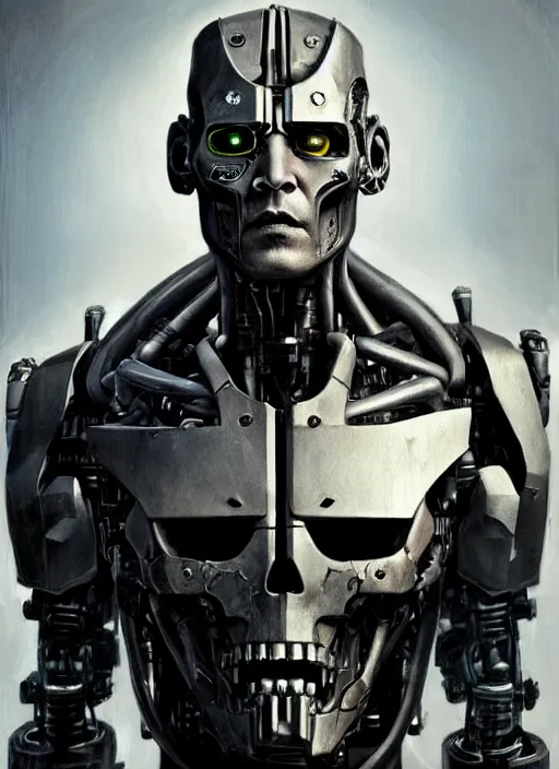 Image similar to johnny depp as victor stone, full body concept, cyborg, borg, strogg, face of a man, terminator, flesh, quake strogg, doom demon, wolfenstein, monstrous, powerful, symmetry, symmetrical, concept art by ruan jia and greg rutkowski