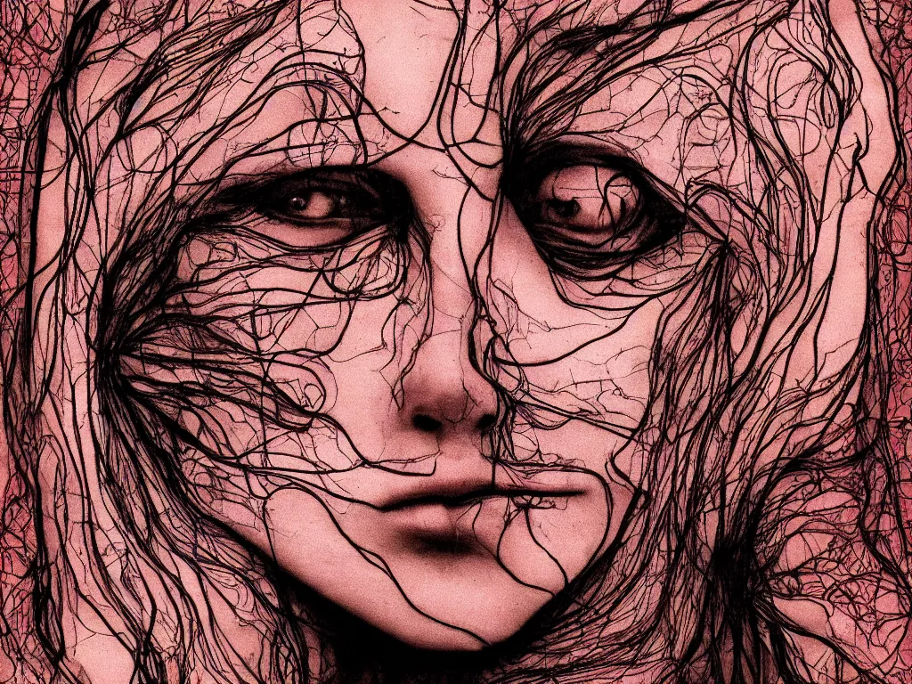 Prompt: portrait of human face inside out of the skin, art nouveau, cyberpunk, grainy image