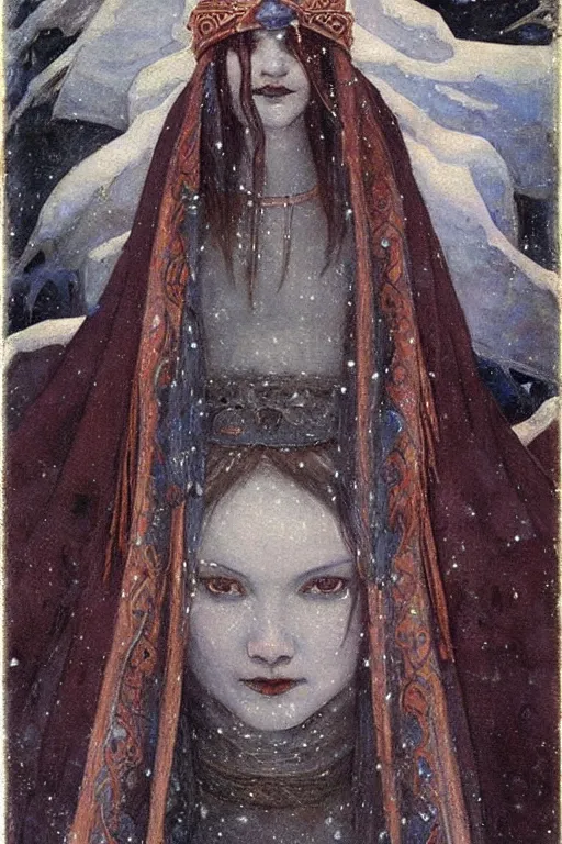 Image similar to goth queen of winter in the snow by Annie Swynnerton and Nicholas Roerich, strong dramatic cinematic lighting , ornate headdress , flowing robes, lost civilizations, smooth, sharp focus, extremely detailed