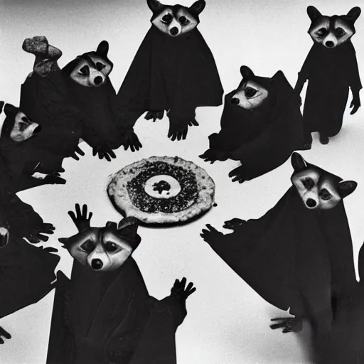 Image similar to 1 9 8 0's sci - fi movie still, a group of sinister evil raccoons wearing dark evil cult robes perform an evil ritual standing in a circle around a piece of pizza on top of a pentagram, dramatic candlelight