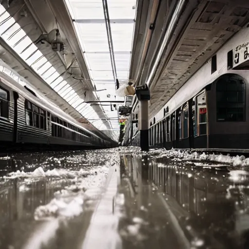 Image similar to photo of a train station, with floor flooded with ice cream