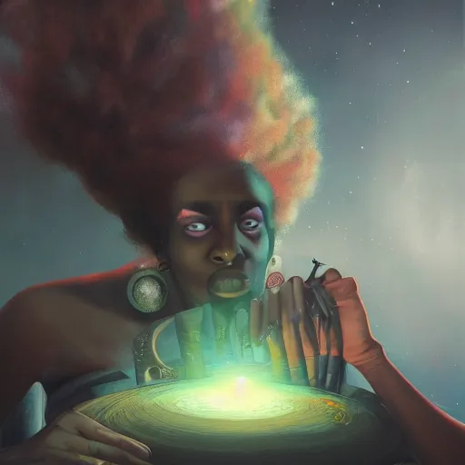 Prompt: afrofuturistic techno - mage uploading ancestral knowledge to the uni - mind interface, dark fantasy, occult, high - quality, surrealist oil painting, artstation