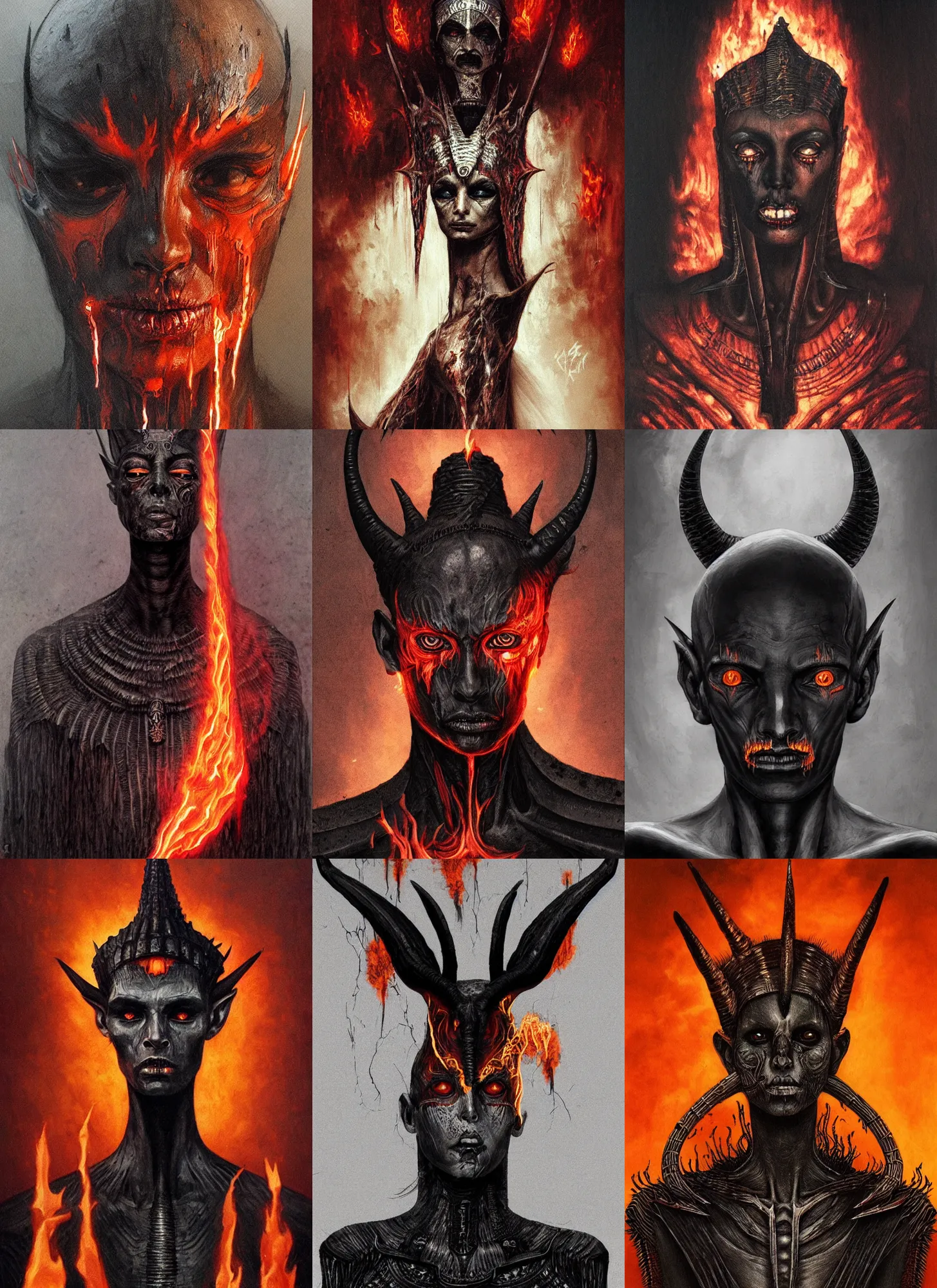 Prompt: black skinny corpse portrait horns, flaming eyes, hell, pharaoh clothes, intricate, dark, highly detailed, artstation, sharp focus, illustration, beksinski
