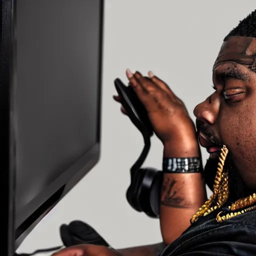 Image similar to obese Lil Wayne wearing a headset yelling at his monitor while playing WoW highly detailed wide angle lens 10:9 aspect ration award winning photography erasure head