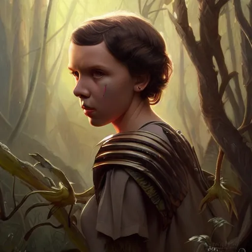 Prompt: millie bobby brown portrait of forest gog, female, clear face, masculine, upper body, muscular, fantasy, intricate, elegant, highly detailed, digital painting, artstation, concept art, matte, sharp focus, illustration, art by artgerm and greg rutkowski and alphonse mucha