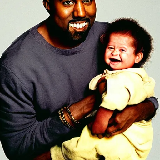 Image similar to kanye west smiling and holding yoda for a 1 9 9 0 s sitcom tv show, studio photograph, portrait