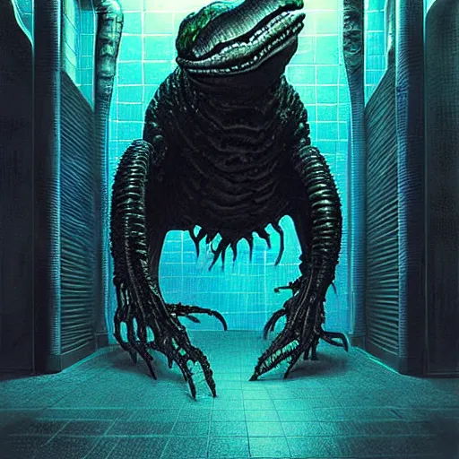 Prompt: menacing aggressive fast engineered black slimy creature made out of needles, inside a gas station, aggressive harsh bright fluorescent industrial blue lighting, extremely detailed digital matte painting buy Greg Rutkowski and H.R. Giger