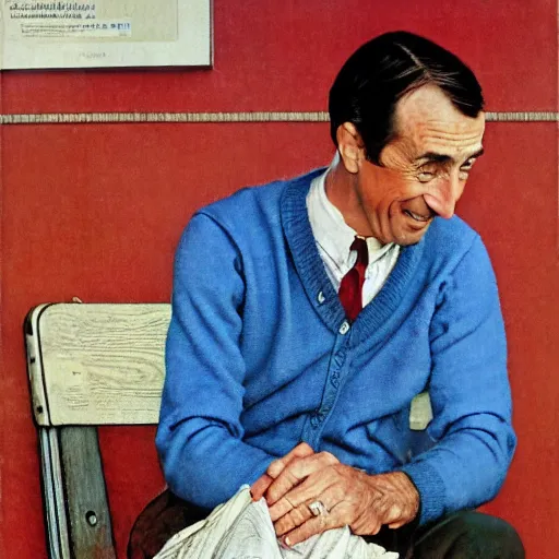 Image similar to norman rockwell painting of mr. rodgers wearing a blue cardigan