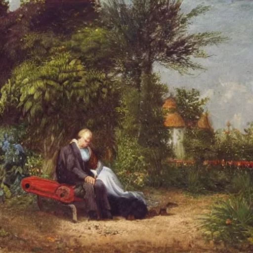 Image similar to a man and a woman sitting on a bench surrounded by plants, a dog sleeping by their feet, french painting style ,