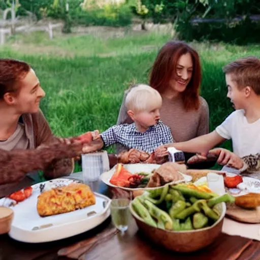 Image similar to a family sitting around the dinner table eating parts of a live cow