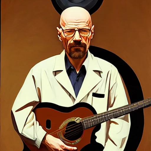 Prompt: painting of walter white as robbie basho the influential folk blues and fingerstyle guitar player, painted by leyendecker