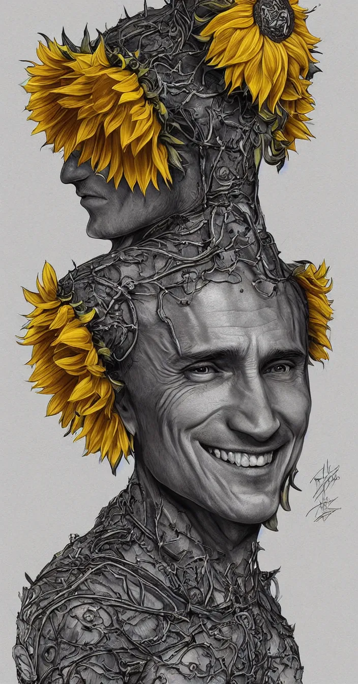 Image similar to digital art, centered full body of young any old Putin smiling king, Sunflower crown, ,intricate, veins, by James Jean and by artgerm , by ross tran ultradetailed, charachter design, concept art, trending on artstation,