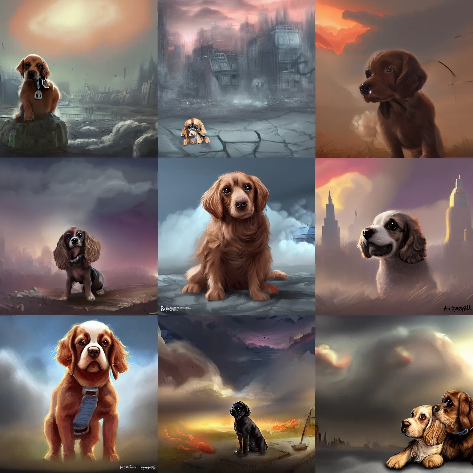 Prompt: an adorable puppy spaniel trying to hide the apocalypse in the background that he just caused with cities on fire and smoke and debris with apocalyptic skies. digital painting, trending on artstation