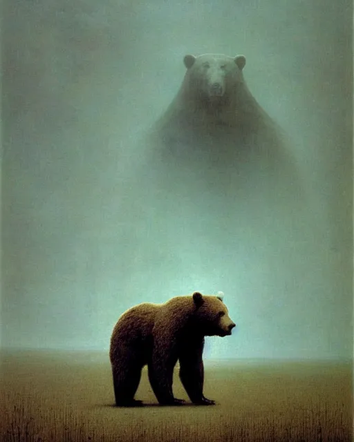 Prompt: giant terrifying bear god above a honey pond, scary, foreboding, mysterious minimalistic, by beksinski