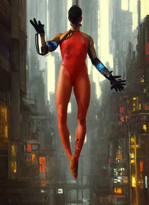 Image similar to buff cyberpunk olympic gymnast with robotic arms wearing a jumpsuit ( blade runner 2 0 4 9, cyberpunk 2 0 7 7 character design ). orientalist portrait by john william waterhouse and james gurney and theodore ralli and nasreddine dinet, oil on canvas. cinematic, hyper realism, realistic proportions, dramatic lighting, high detail 4 k