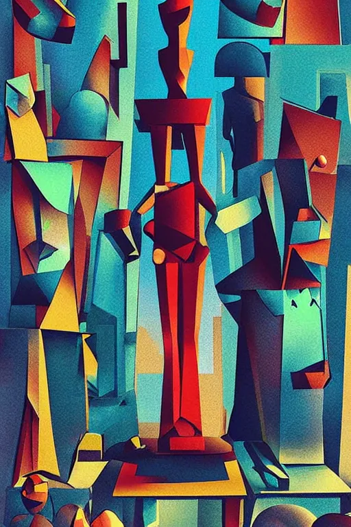 Image similar to cubist moai statue cutout digital illustration cartoon colorful beeple