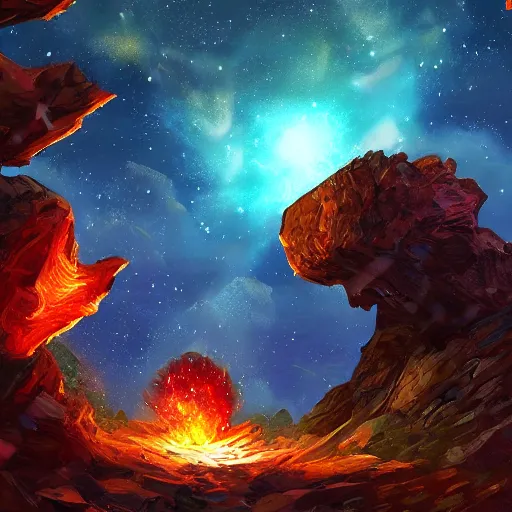 Image similar to giant fiery rocky asteroid rain, meteor shower, hearthstone art style, epic fantasy style art, fantasy epic digital art, epic fantasy card game art